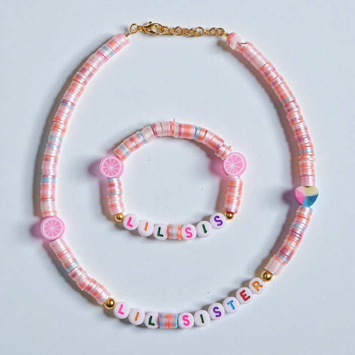 2 Pc | Personalized Pink Beaded Necklace & Bracelet Set For Girls