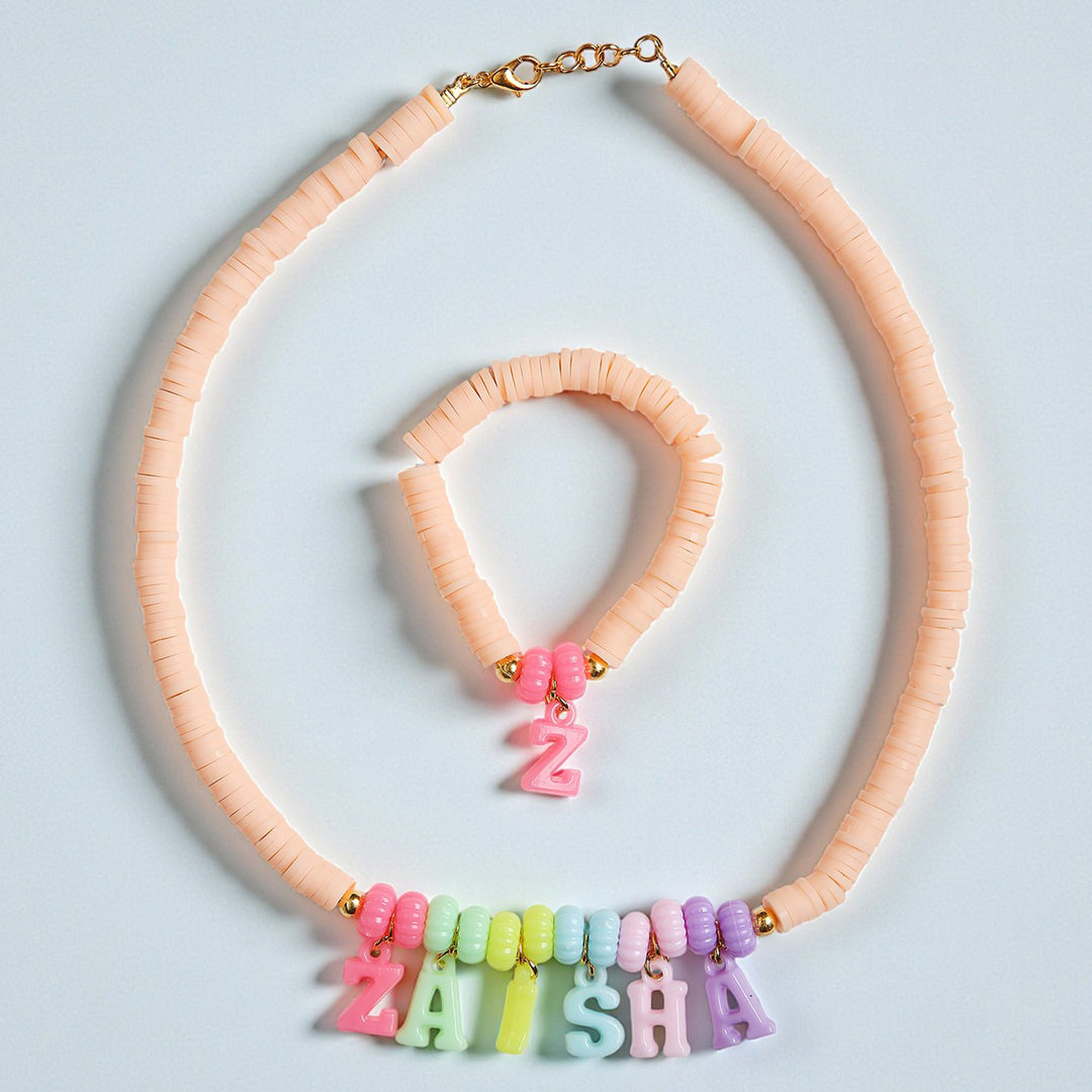 2 Pc | Personalized Peach Beaded Necklace & Bracelet Set For Girls