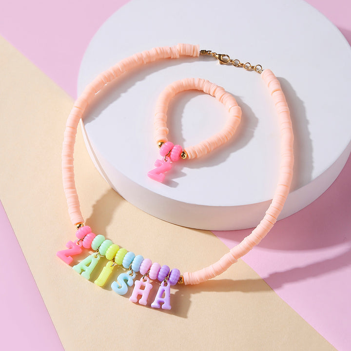2 Pc | Personalized Peach Beaded Necklace & Bracelet Set For Girls