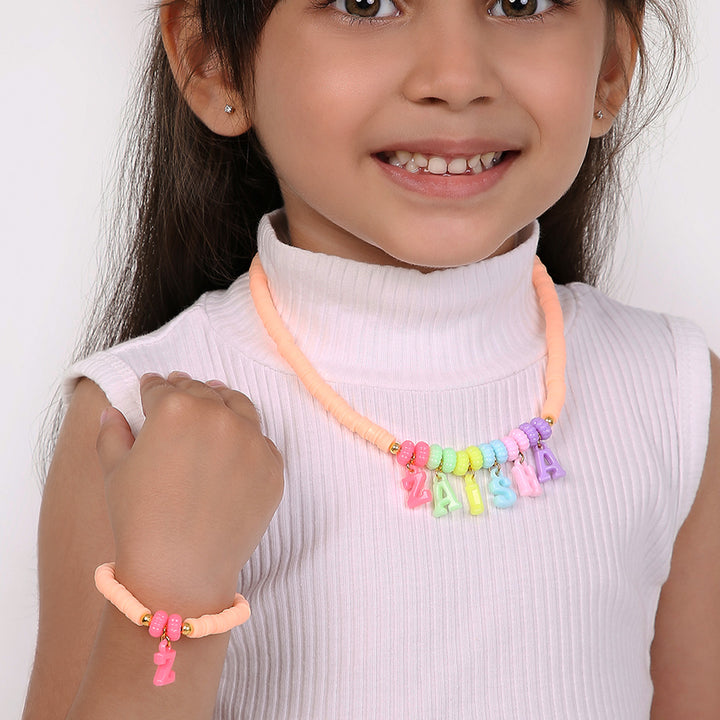 2 Pc | Personalized Peach Beaded Necklace & Bracelet Set For Girls