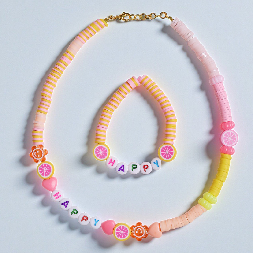 2 Pc | Personalized Pink & Orange Beaded Necklace & Bracelet Set For Girls