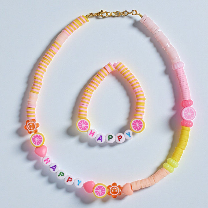2 Pc | Personalized Pink & Orange Beaded Necklace & Bracelet Set For Girls