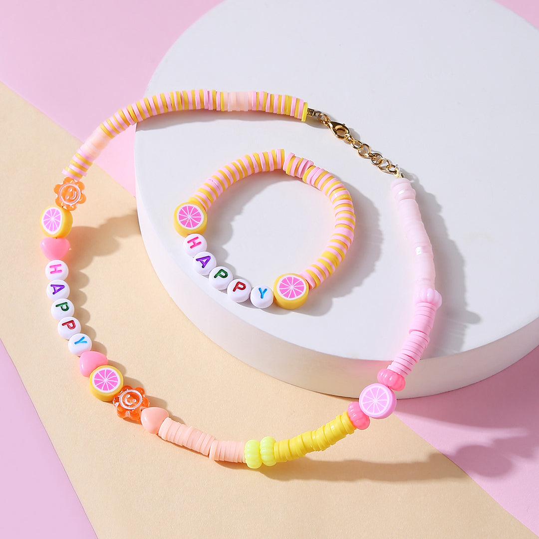 2 Pc | Personalized Pink & Orange Beaded Necklace & Bracelet Set For Girls