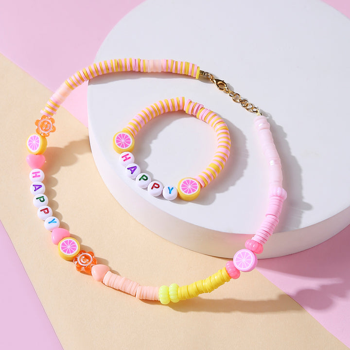 2 Pc | Personalized Pink & Orange Beaded Necklace & Bracelet Set For Girls