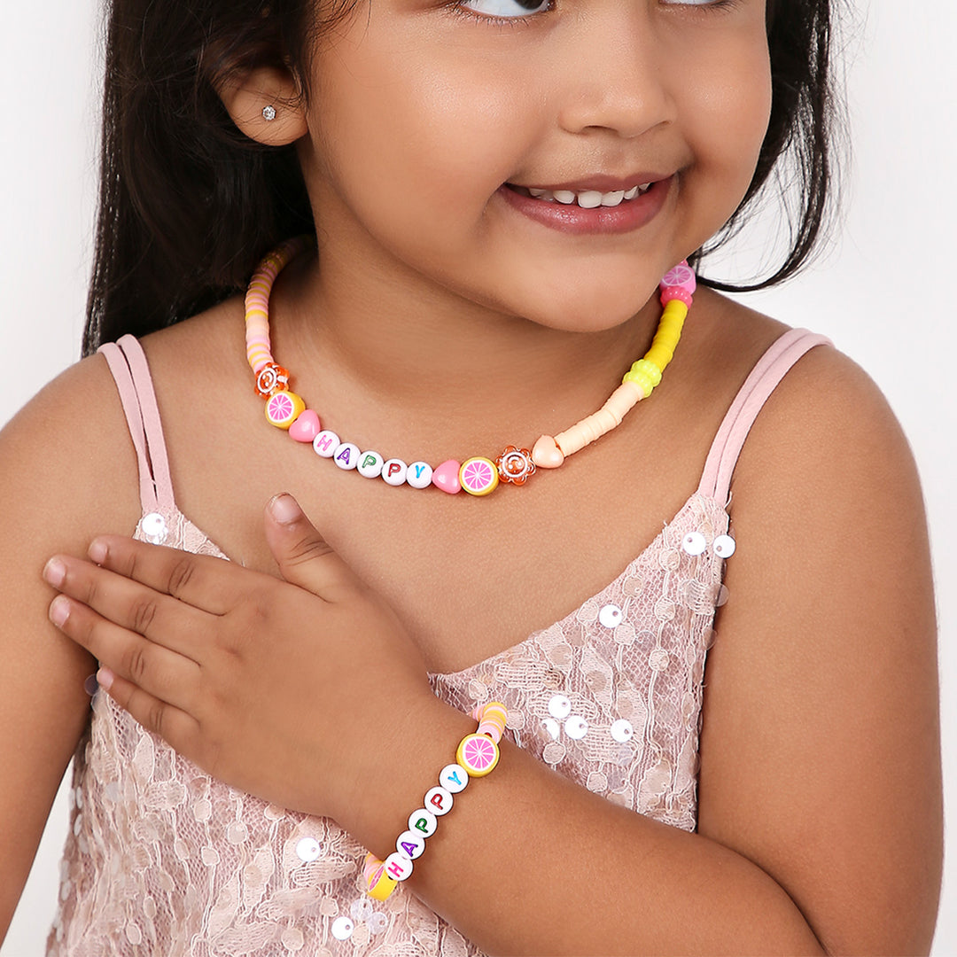 2 Pc | Personalized Pink & Orange Beaded Necklace & Bracelet Set For Girls