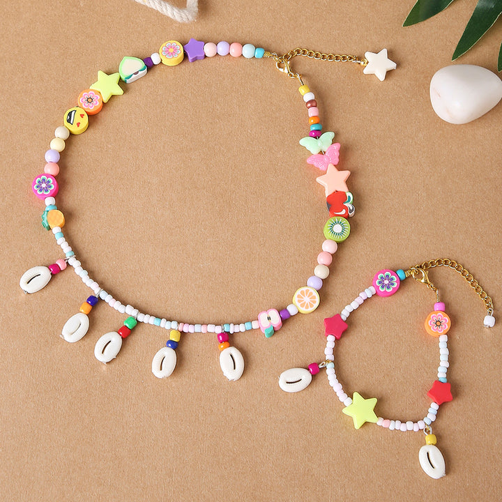 2 Pc | Boho Beaded Shell Necklace & Bracelet Set For Girls