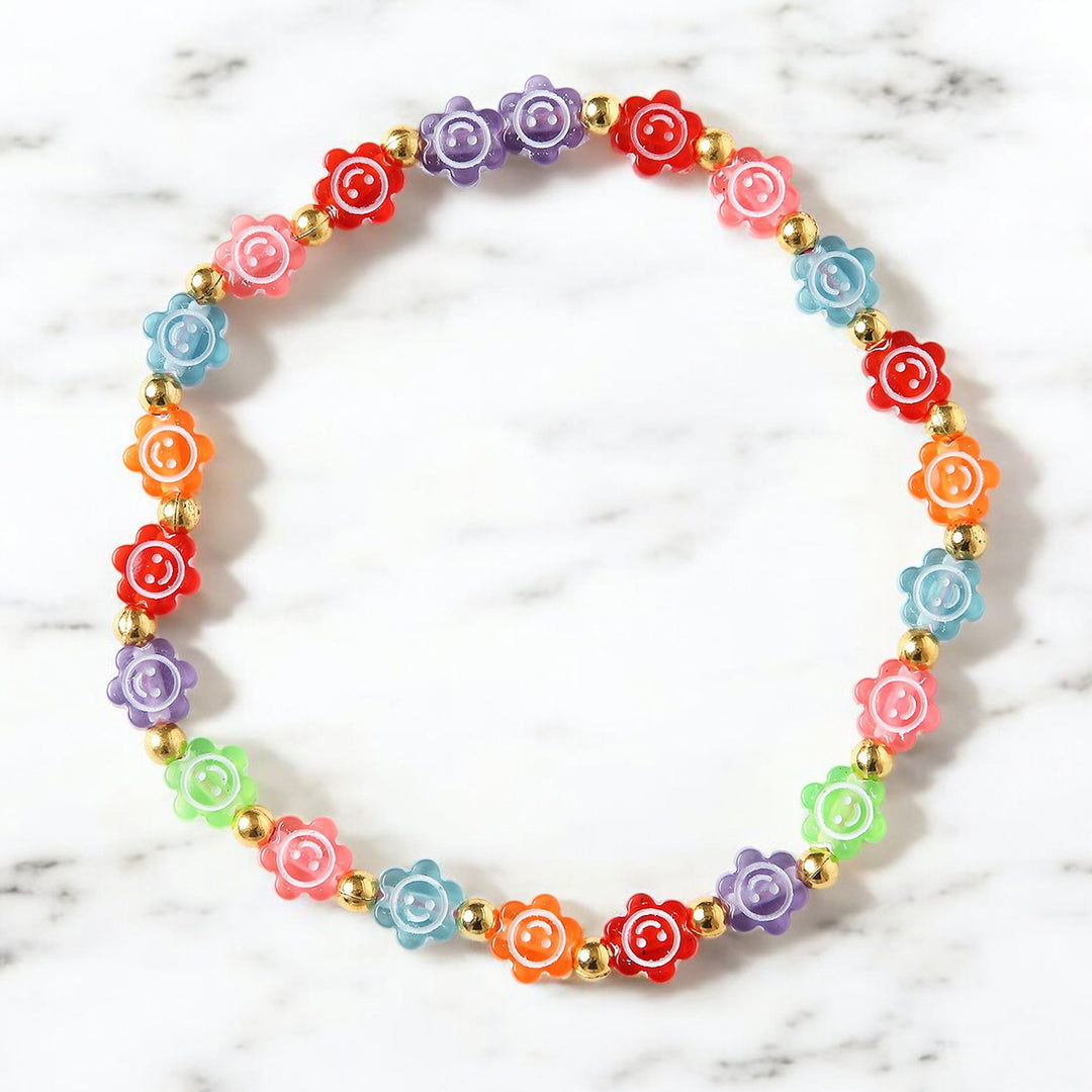 2 Pc | Multicolor Smiley Daisy Beaded Necklace & Bracelet Set For Girls