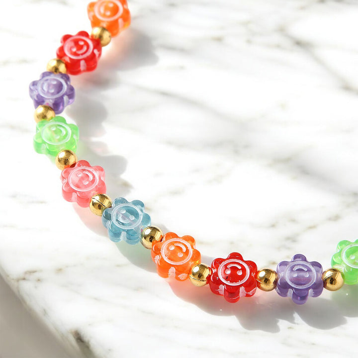 2 Pc | Multicolor Smiley Daisy Beaded Necklace & Bracelet Set For Girls