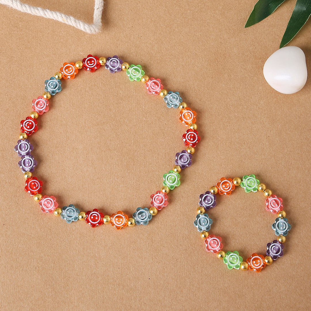 2 Pc | Multicolor Smiley Daisy Beaded Necklace & Bracelet Set For Girls