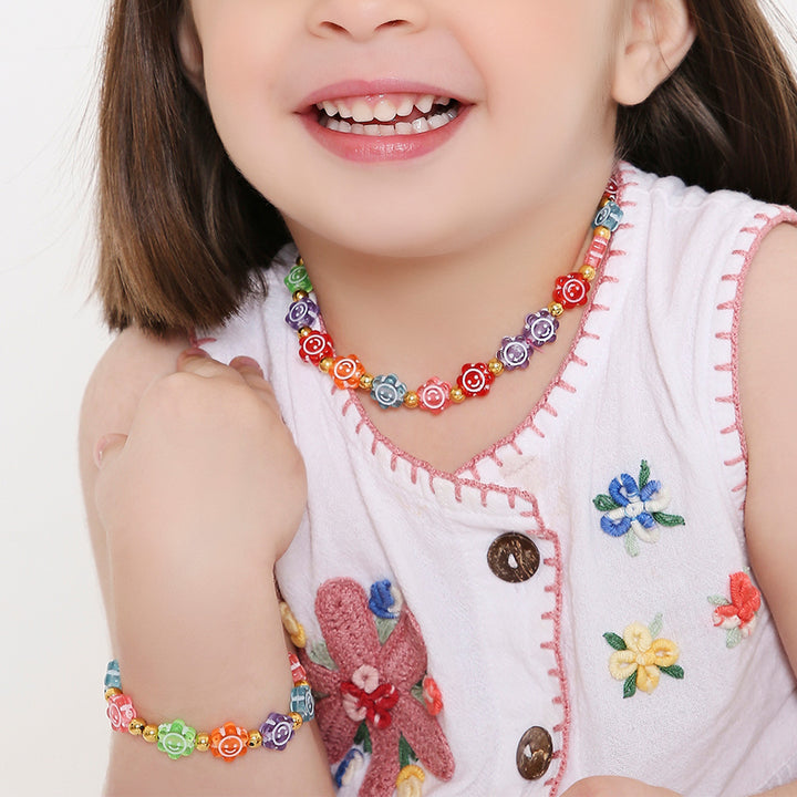 2 Pc | Multicolor Smiley Daisy Beaded Necklace & Bracelet Set For Girls