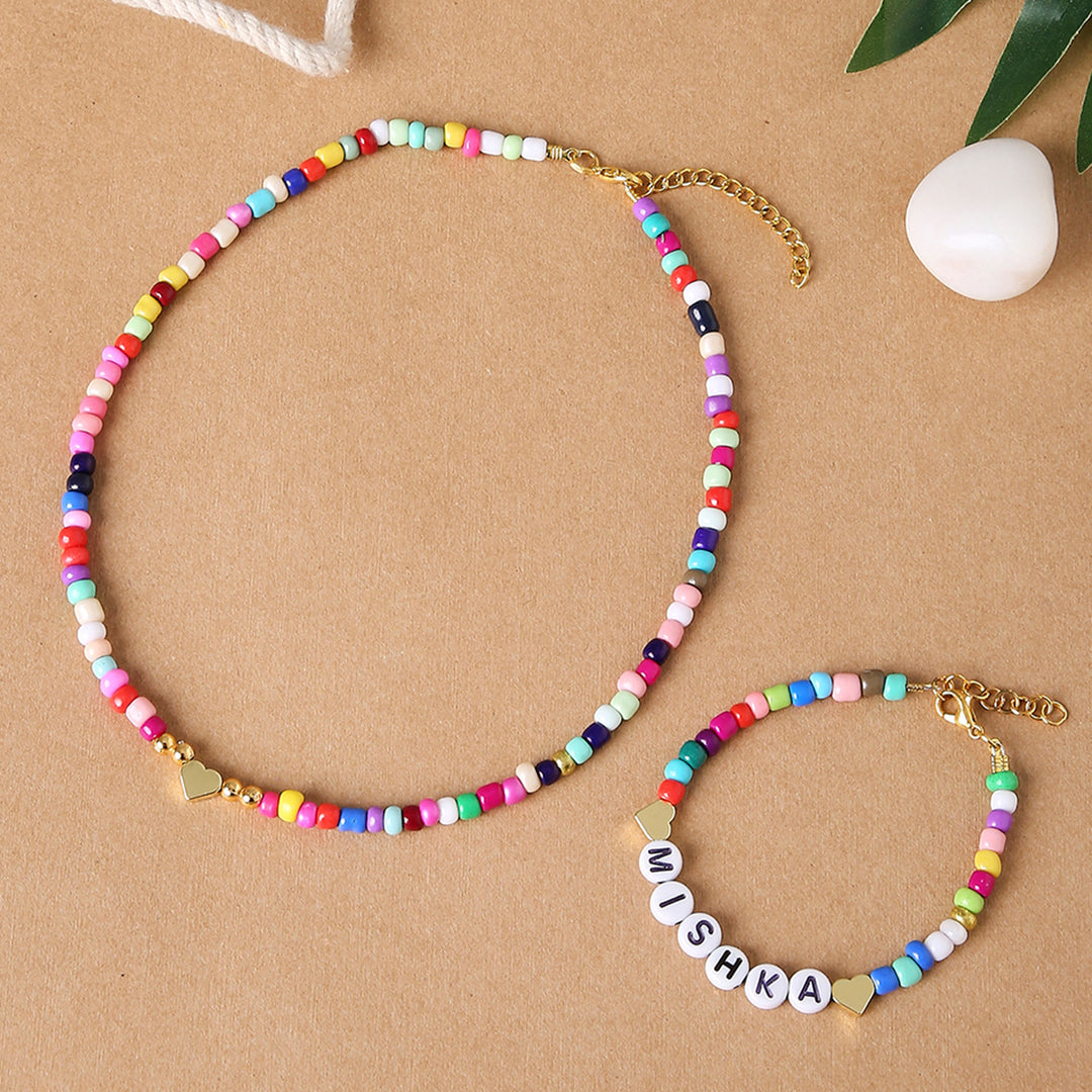 2 Pc | Personalized Multicolor Beaded Necklace & Bracelet Set For Girls