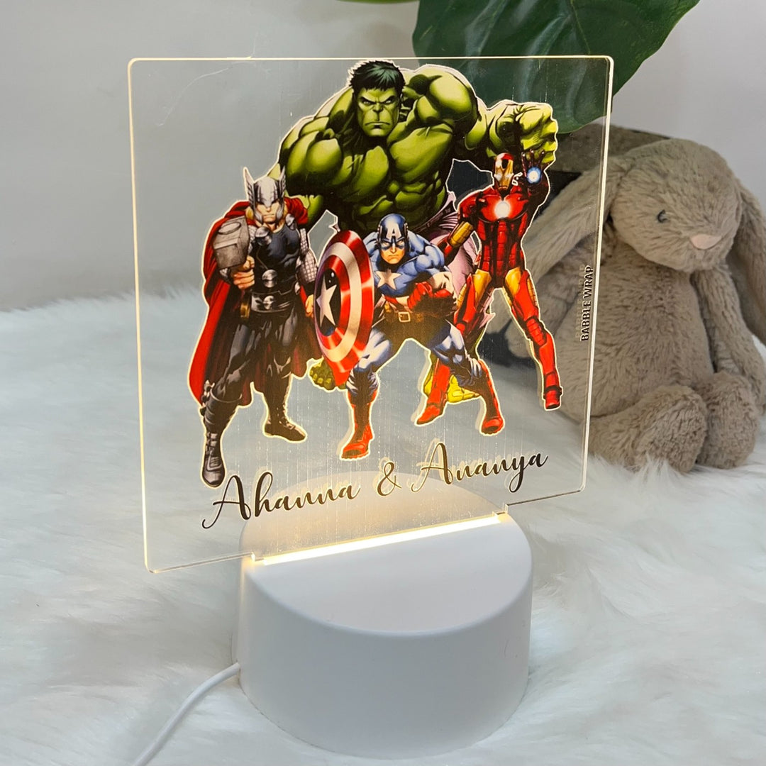 Personalized Superhero Theme Acrylic Lampshade With Lights For Siblings