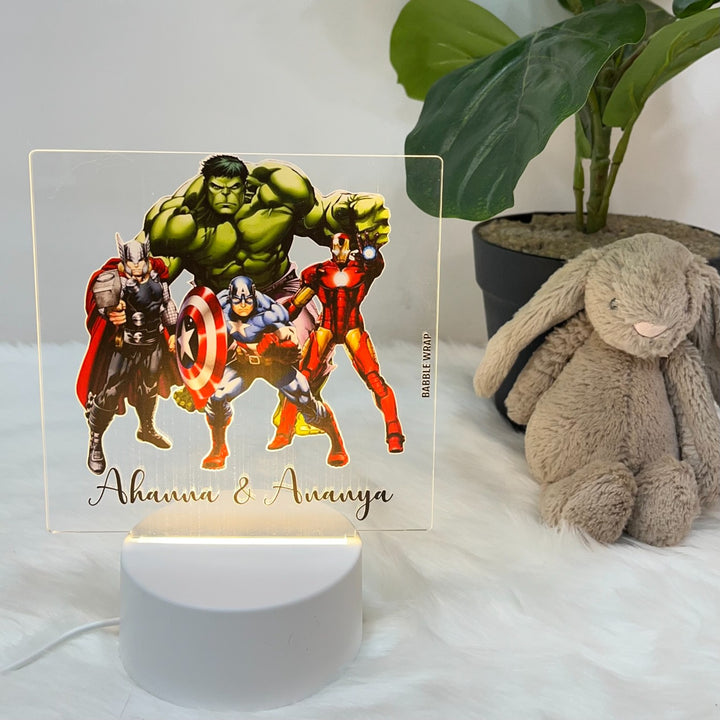 Personalized Superhero Theme Acrylic Lampshade With Lights For Siblings