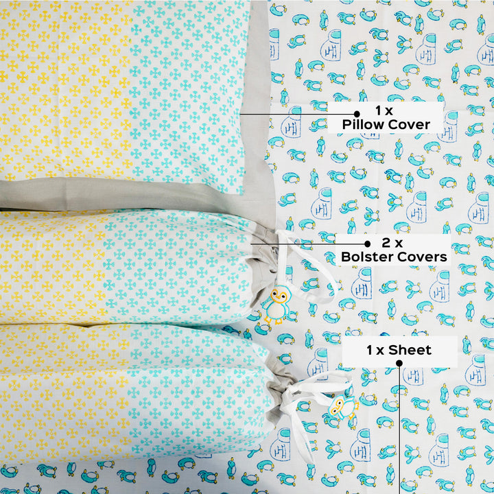 Blue Penguin Hand Block Printed Baby Bedding Cot Set