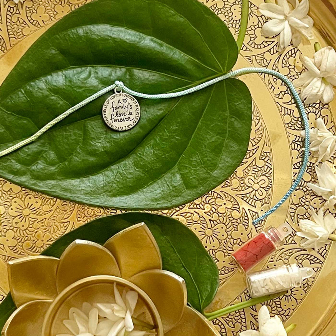 Engraved "A Family's Love Is Forever" Quote Metal Charm Rakhi With Roli Chawal for Brother
