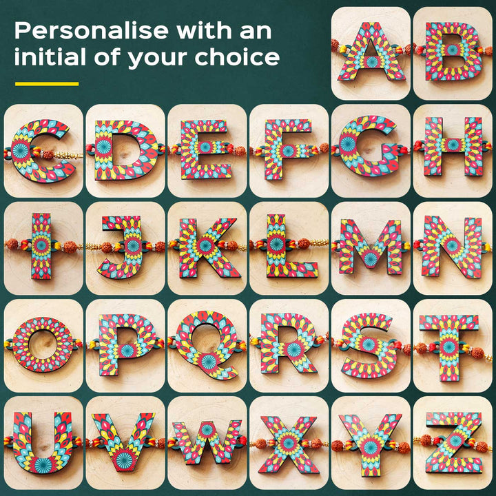 Personalized Handmade Printed Alphabet Wooden Rudraksha Rakhi With Roli Chawal - Alphabet Personalization Chart