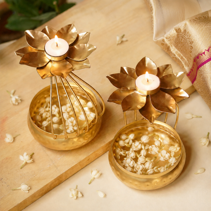 Handmade Gold Bowl with Flower Urli | Set of 2