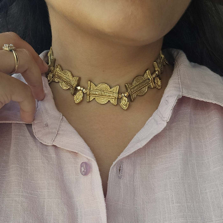 Handmade Amber Design Choker Brass Necklace