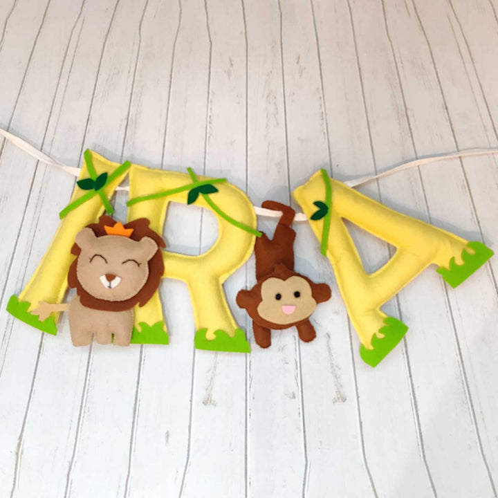 Personalized Handmade Jungle Theme Felt Kids Bunting - Hanging Letters with Animal Decorations