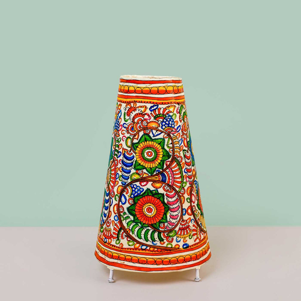 Doodle Peacock & Marigold Tholu Bommalata Tabletop Lamp | 10 inches - Zwende