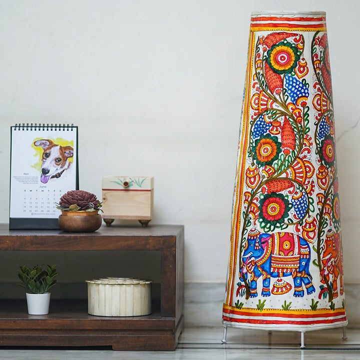 Colourful Elephant Hand Painted Tholu Bommalata Tall Floor Lamp | 27 inches