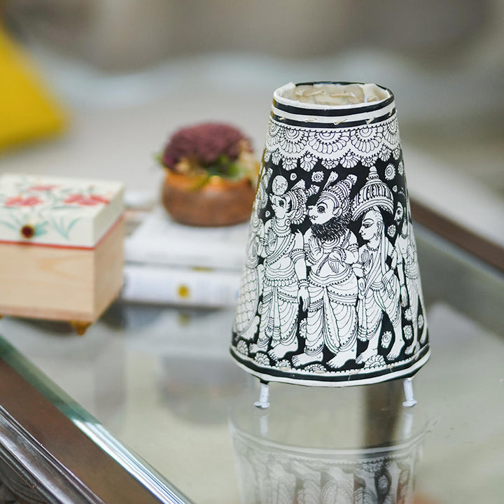 Hand Painted Tholu Bommalata Small Tabletop Lamp | 9 inches