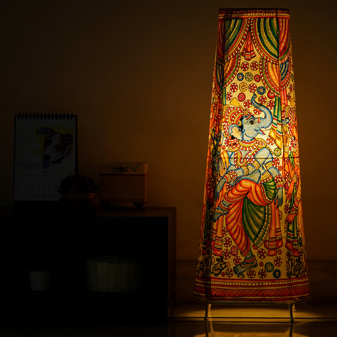 Vibrant Ganesha Hand Painted Tholu Bommalata Tall Floor Lamp | 27 inches