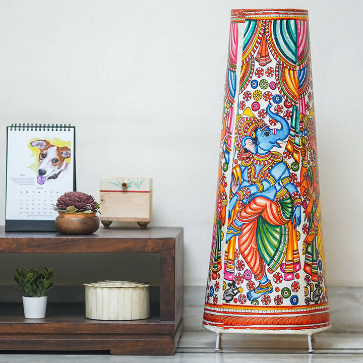 Vibrant Ganesha Hand Painted Tholu Bommalata Tall Floor Lamp | 27 inches