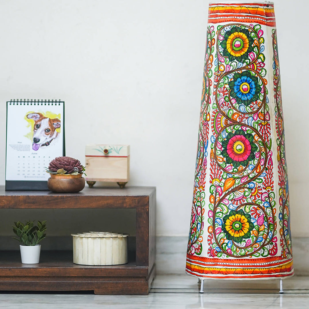 Hand Painted Flower Tholu Bommalata Tall Floor Lamp | 27 inches