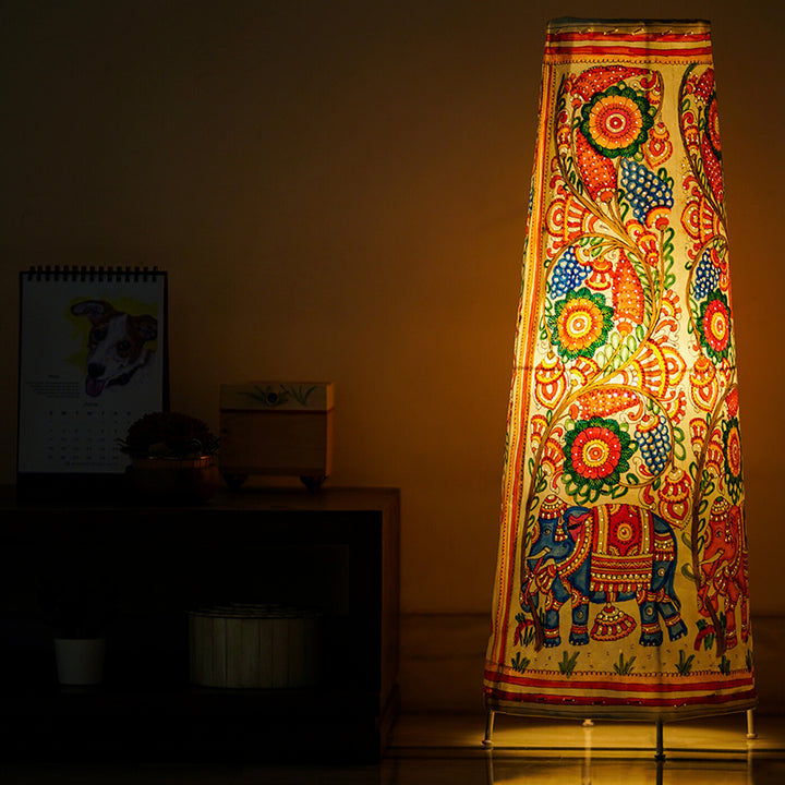 Colourful Elephant Hand Painted Tholu Bommalata Tall Floor Lamp | 27 inches