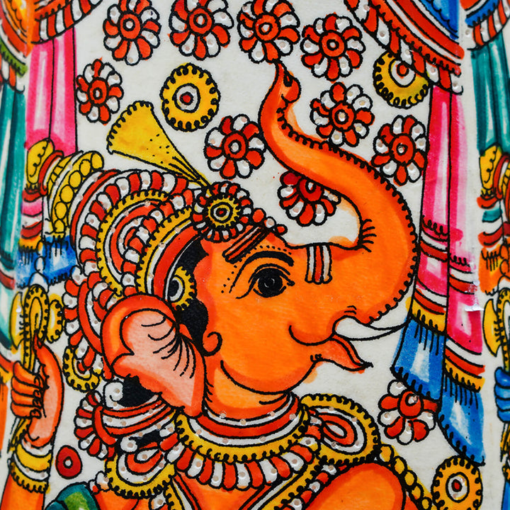 Vibrant Ganesha Hand Painted Tholu Bommalata Tall Floor Lamp | 27 inches