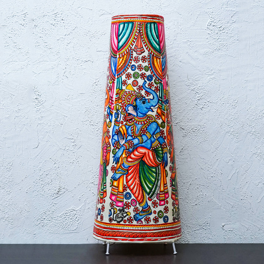 Vibrant Ganesha Hand Painted Tholu Bommalata Tall Floor Lamp | 27 inches