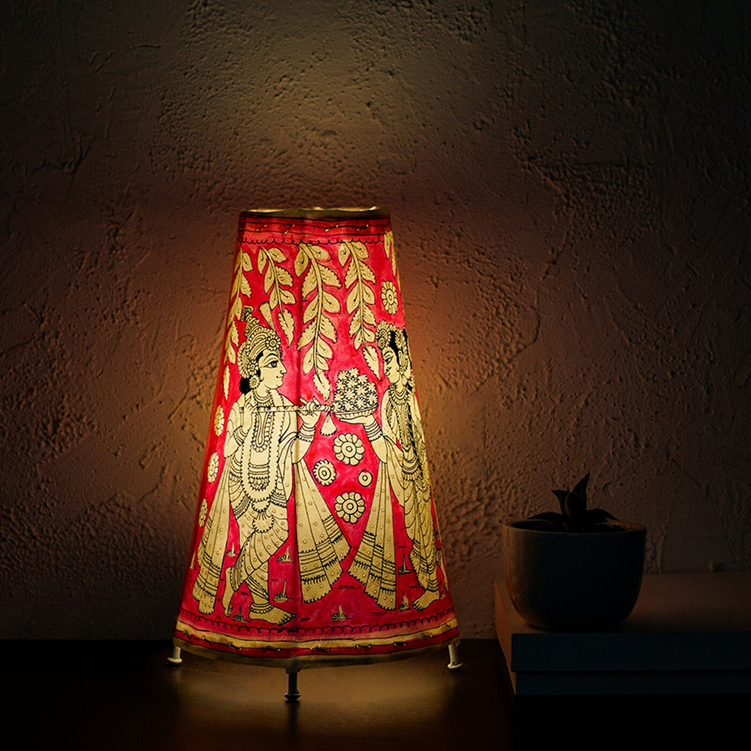 Radha Krishna Medium Hand Painted Tholu Bommalata Tabletop Lamp | 13 inches