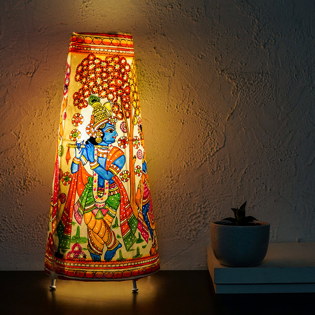 Radha Krishna Hand Painted Tholu Bommalata Medium Tabletop Lamp | 17 inches