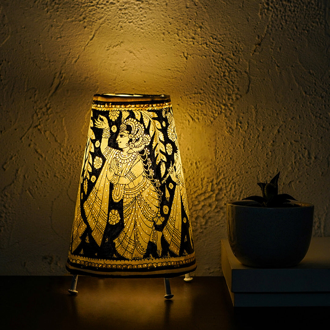 Radha Krishna Small Hand Painted Tholu Bommalata Tabletop Lamp | 9 inches