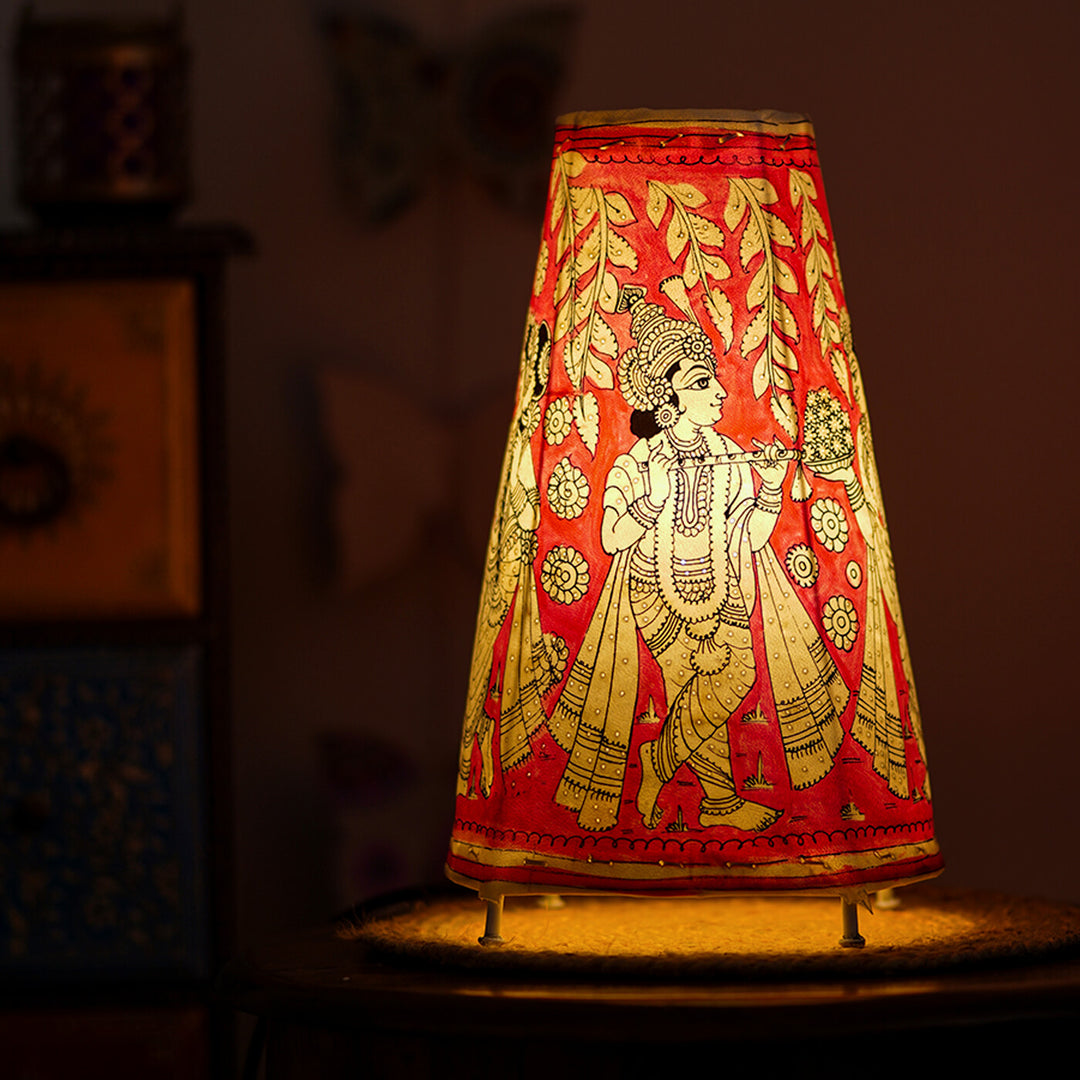 Radha Krishna Medium Hand Painted Tholu Bommalata Tabletop Lamp | 13 inches