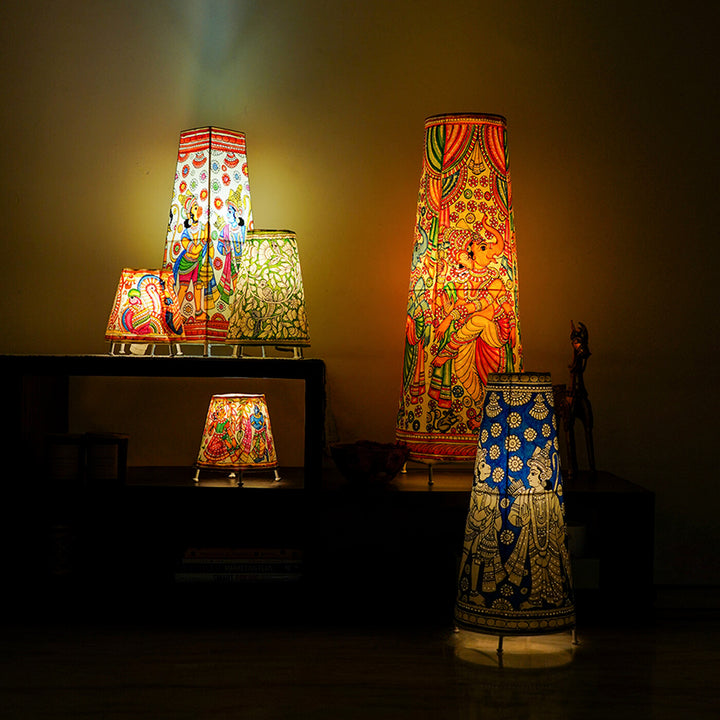 Vibrant Ganesha Hand Painted Tholu Bommalata Tall Floor Lamp | 27 inches