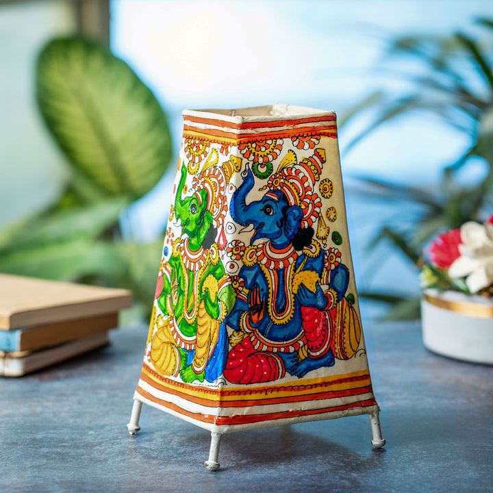 Multi-Coloured Ganesha Hand Painted Tholu Bommalata Medium Tabletop Lamp | 9 inches