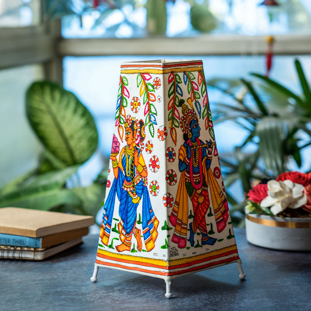 Krishna Leela Hand Painted Tholu Bommalata Tall Tabletop Lamp | 13 inches