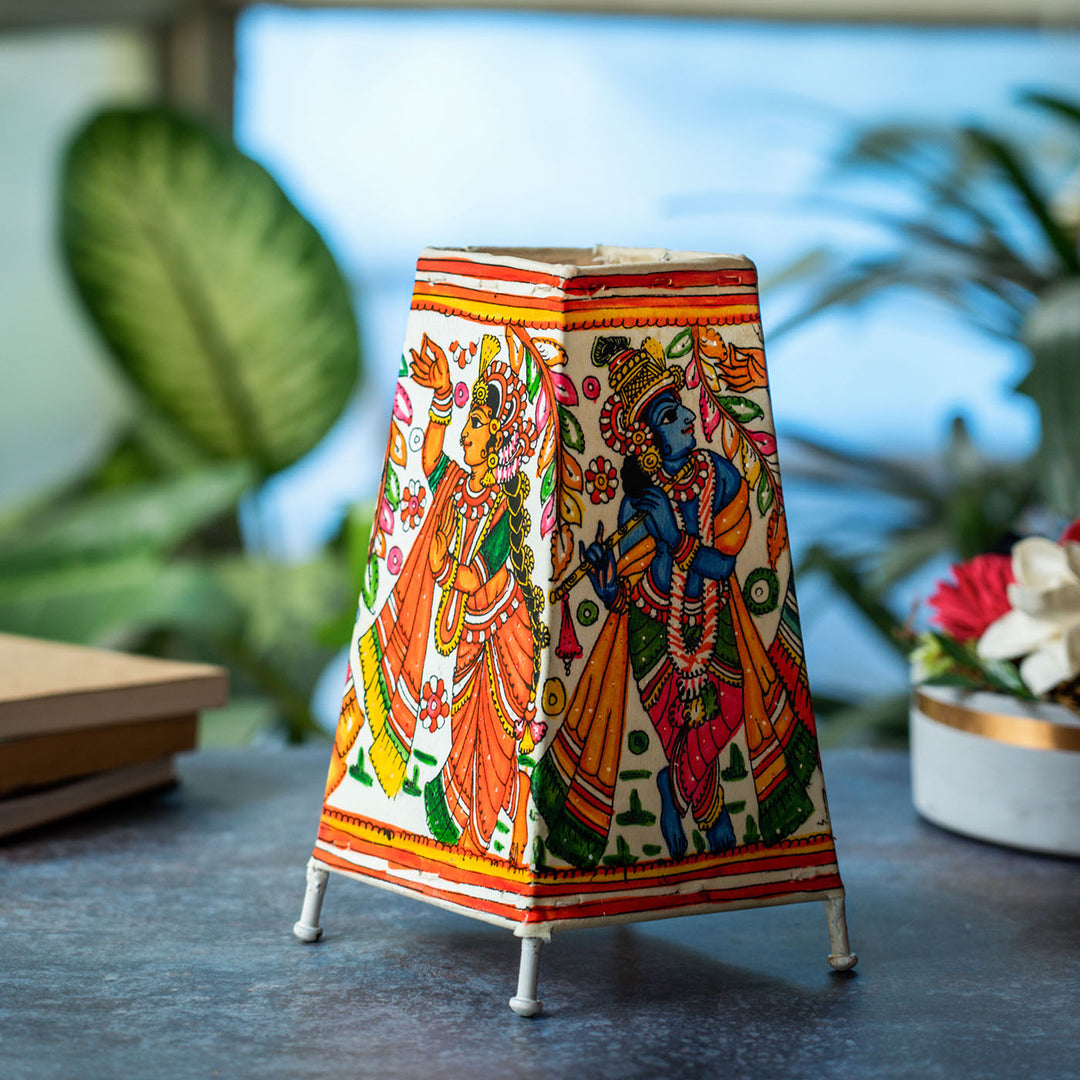 Multi-Coloured Krishna Hand Painted Tholu Bommalata Medium Tabletop Lamp | 9 inches