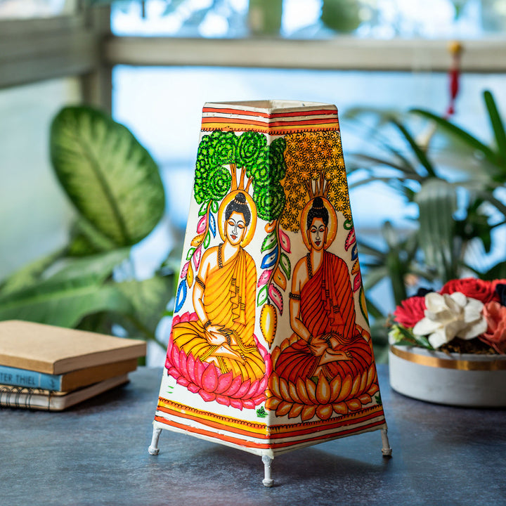 Vibrant Buddha Hand Painted Tholu Bommalata Tall Tabletop Lamp | 13 inches