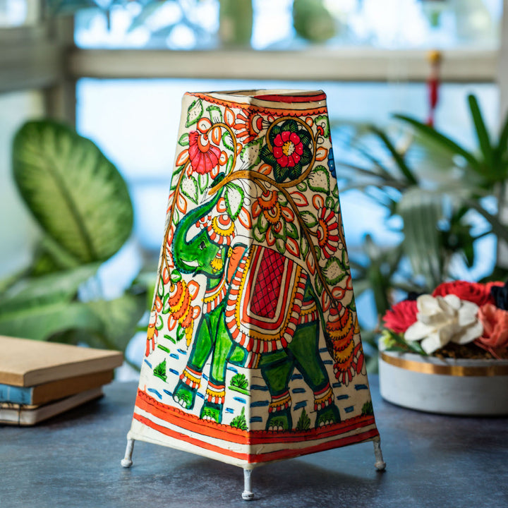 Vibrant Elephants Hand Painted Tholu Bommalata Tall Tabletop Lamp | 13 inches