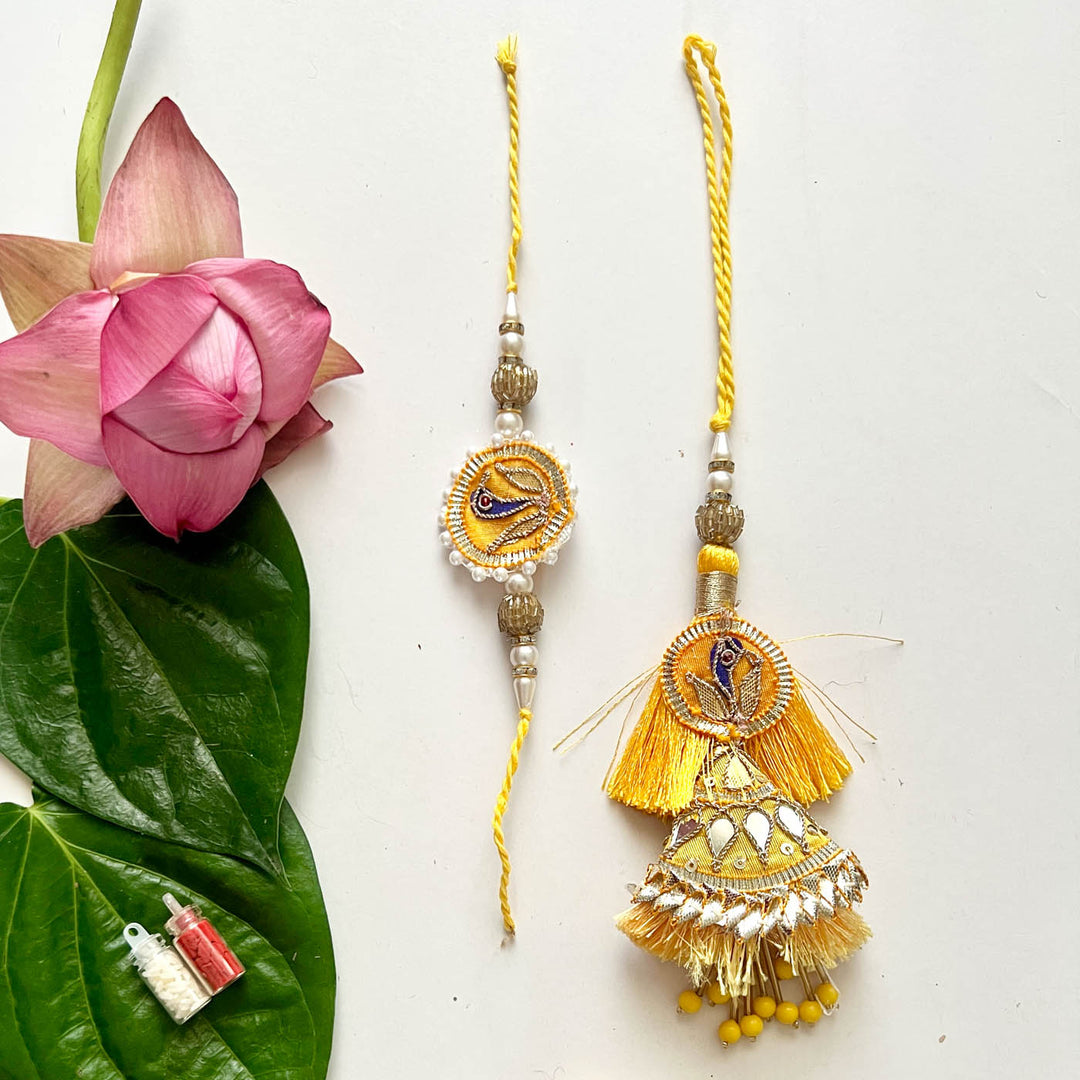 Handcrafted Gota Patti "Anmol" Couple Rakhi & Lumba Set With Roli Chawal for Bhaiya Bhabhi