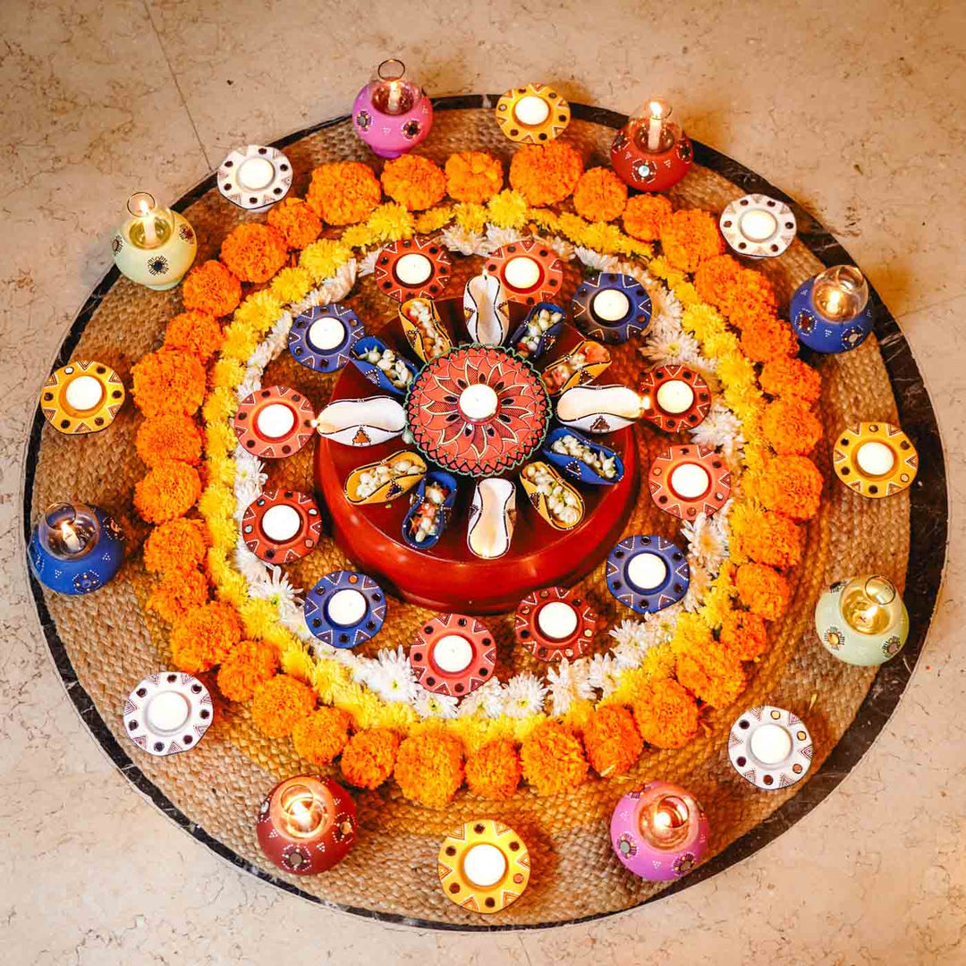 41 pc | Hand-Painted Terracotta Mirror Work Diya & Tealight Holder Rangoli Set for Diwali & Festive Decor