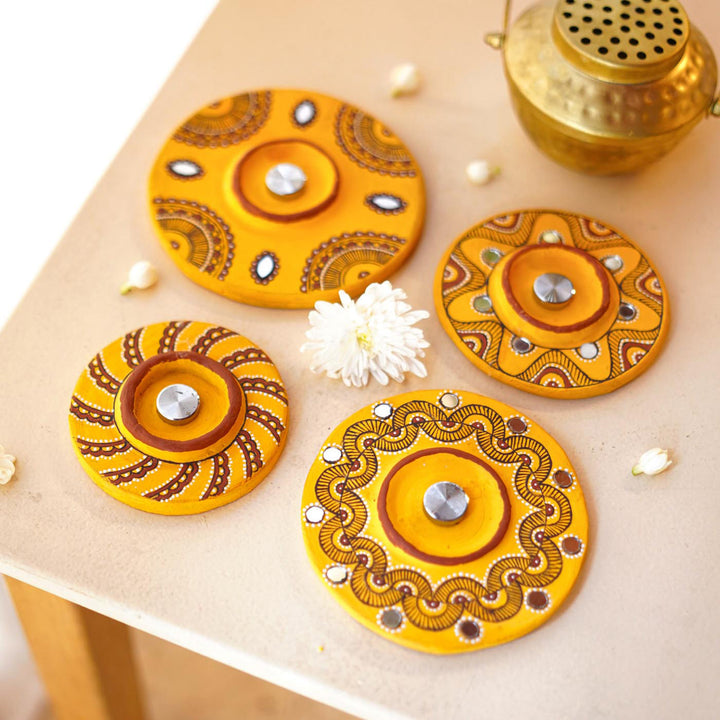Hand-Painted Multipurpose Terracotta Bloom Light Phoolvati Tealight Holders with Garden Stakes for Garden & Rangoli Decor - Yellow