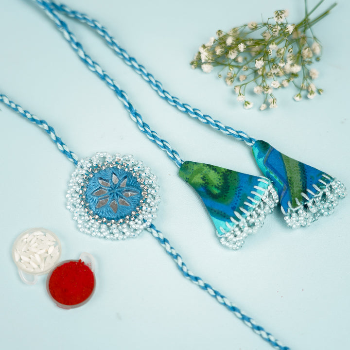 Handmade Reusable Blue Mirror & Jhumki Rakhi For Bhaiya And Bhabhi