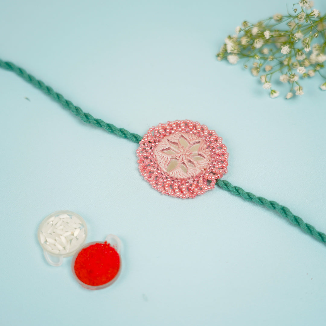Handmade Reusable Pink And Green Mirror Jhumki Rakhi For Brother