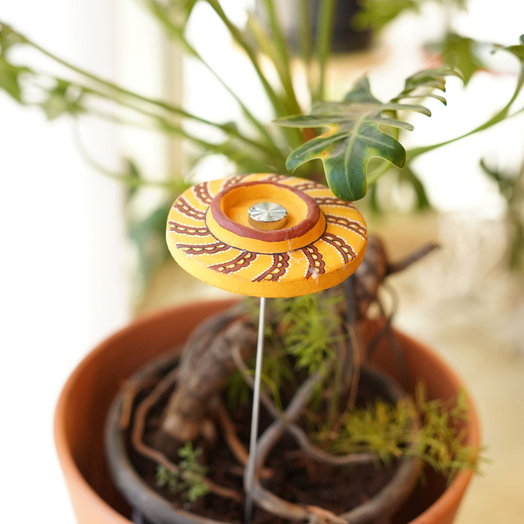 Hand-Painted Multipurpose Terracotta Bloom Light Phoolvati Tealight Holders with Garden Stakes for Garden & Rangoli Decor - Yellow