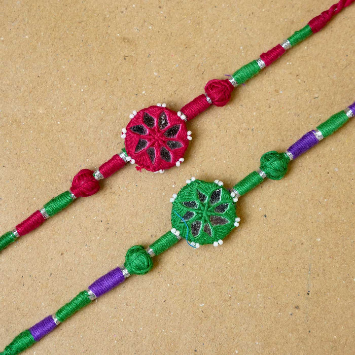Handmade Mirror Work Patwa Maroon-Green Cotton Rakhi  With Roli Chawal | Set of 2