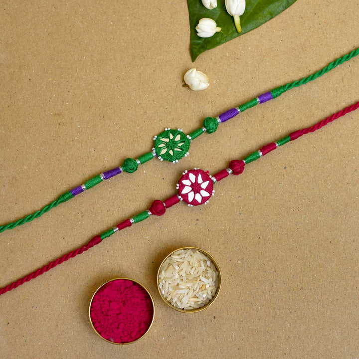 Handmade Mirror Work Patwa Maroon-Green Cotton Rakhi  With Roli Chawal | Set of 2